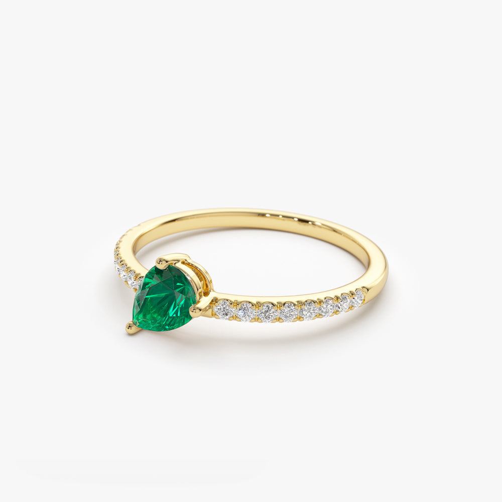 14k Slanted Pear Shape Emerald Ring with Pave Diamonds - Geum Jewels
