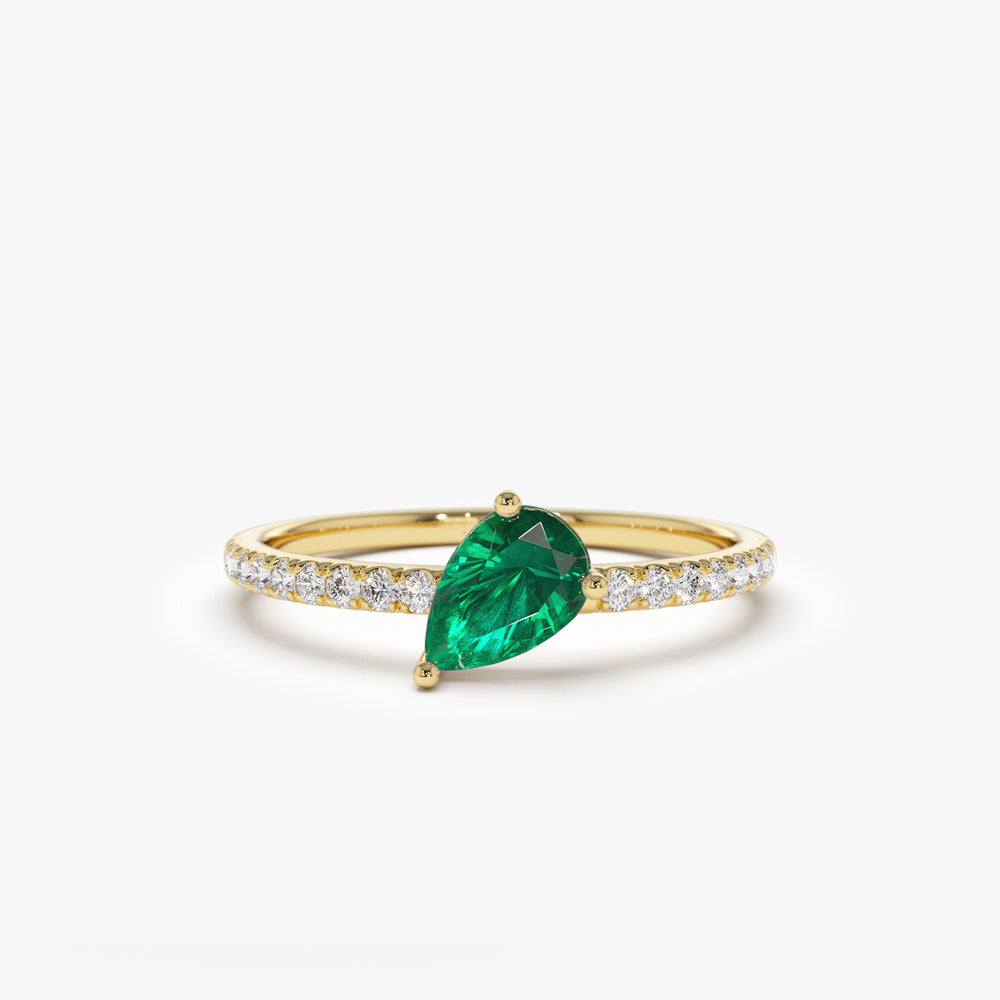 14k Slanted Pear Shape Emerald Ring with Pave Diamonds - Geum Jewels