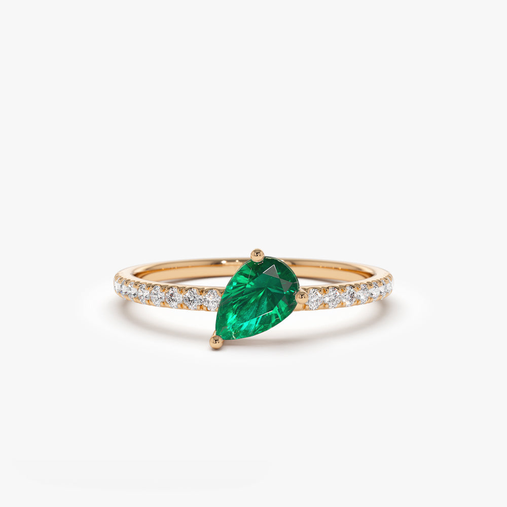 14k Slanted Pear Shape Emerald Ring with Pave Diamonds - Geum Jewels