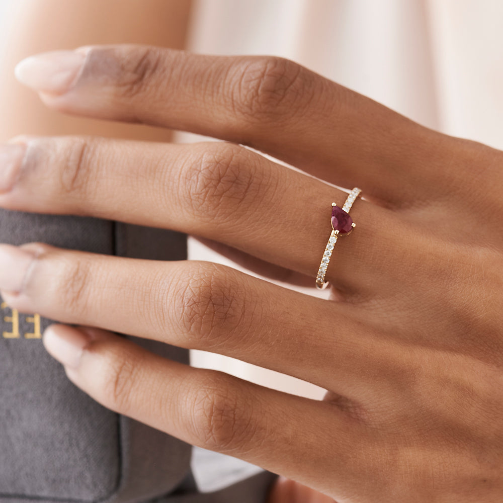 14k Slanted Pear Shape Ruby Ring with Pave Diamonds