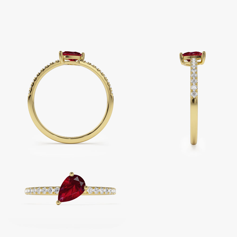 14k Slanted Pear Shape Ruby Ring with Pave Diamonds