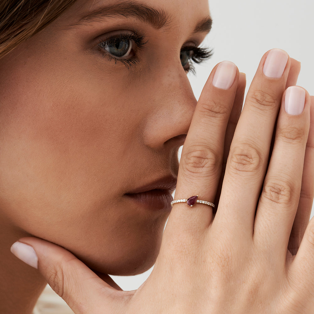 14k Slanted Pear Shape Ruby Ring with Pave Diamonds