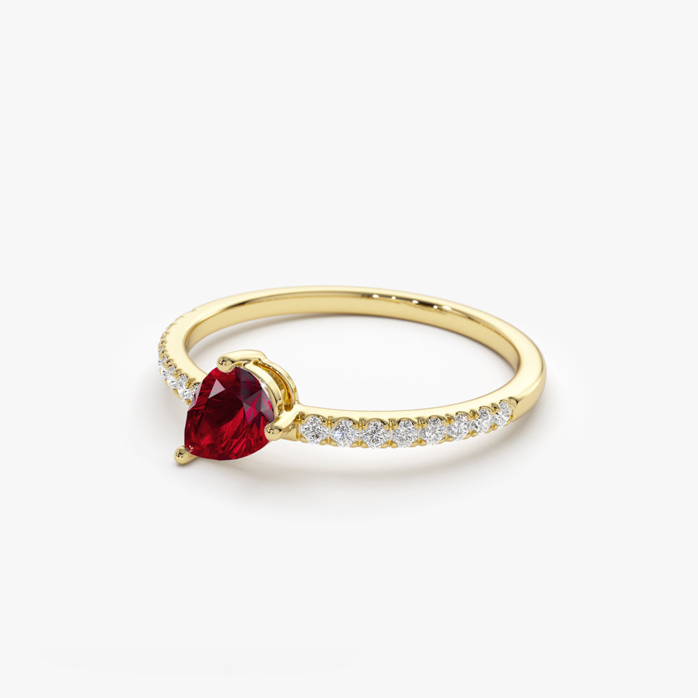 14k Slanted Pear Shape Ruby Ring with Pave Diamonds - Geum Jewels