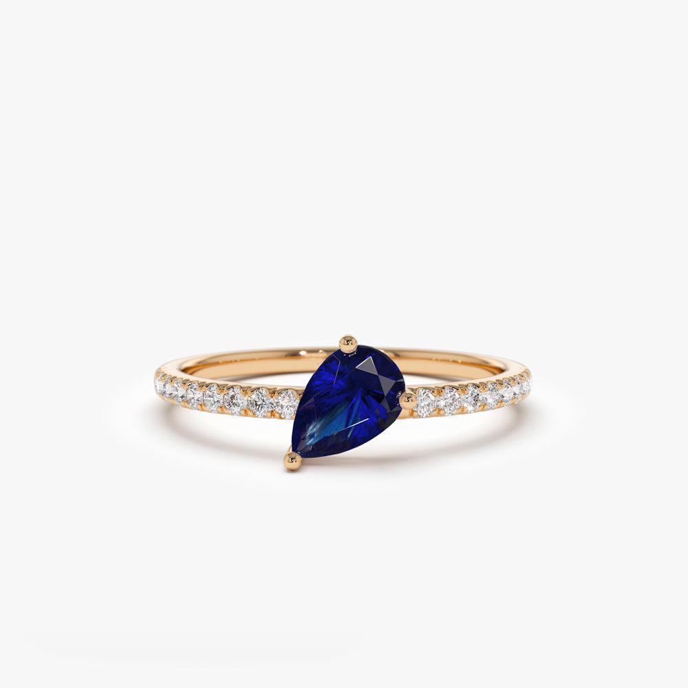 14k Slanted Pear Shape Sapphire Ring with Pave Diamonds - Geum Jewels