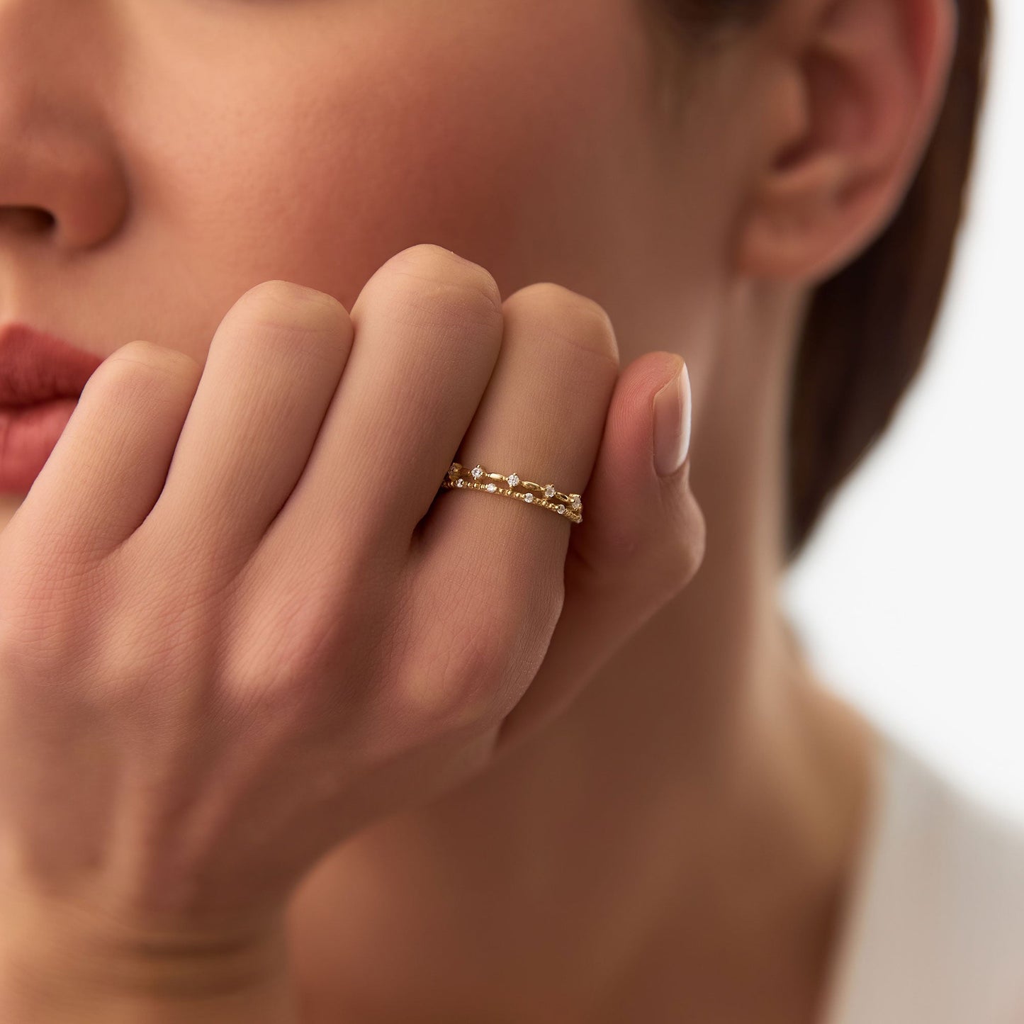 14k Stacked Double Band Diamond Ring