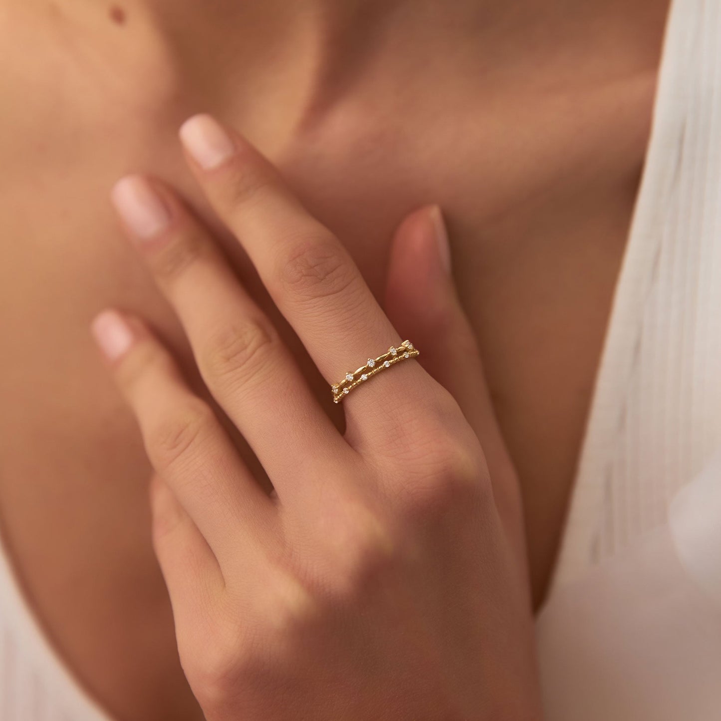14k Stacked Double Band Diamond Ring