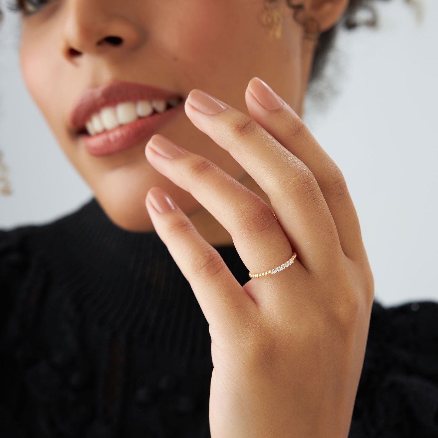 14K Stacking Dainty Beaded Diamond Band