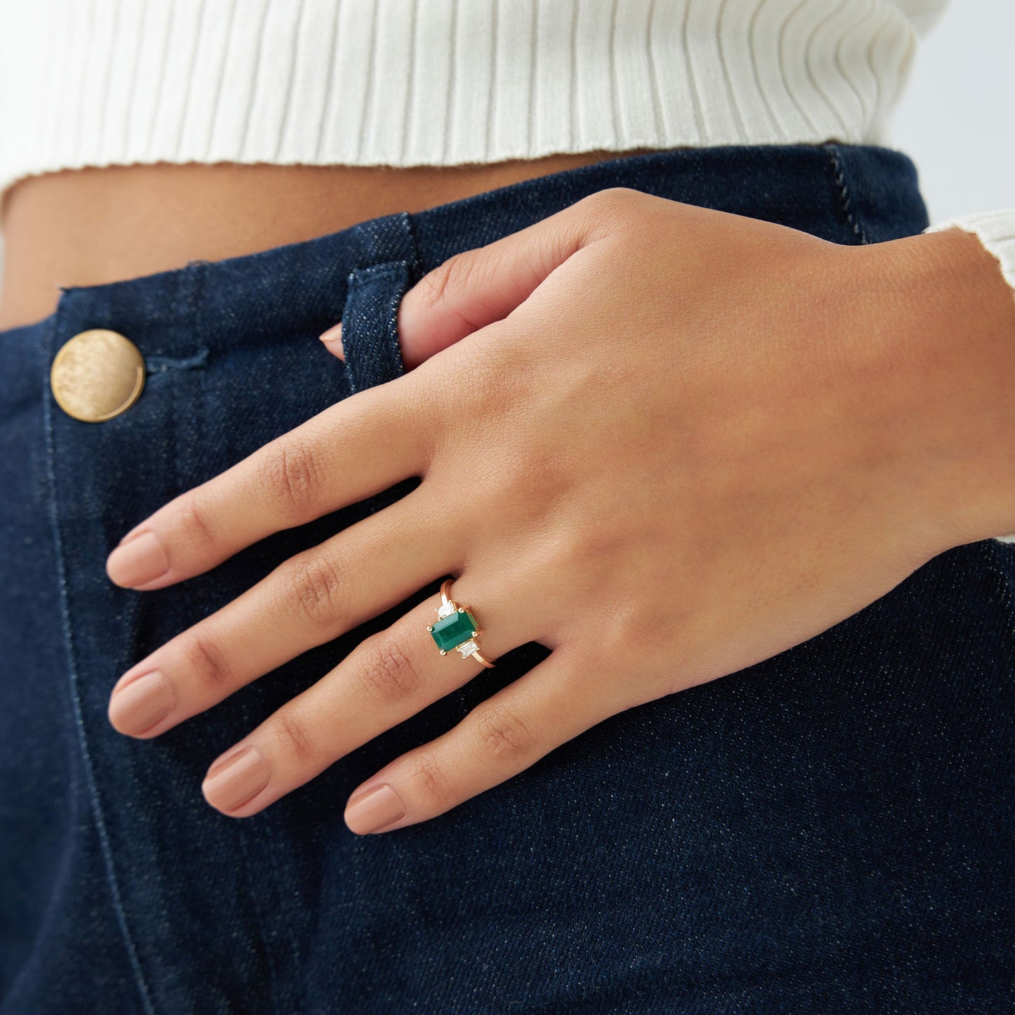 14k Three Stone Emerald Engagement Ring