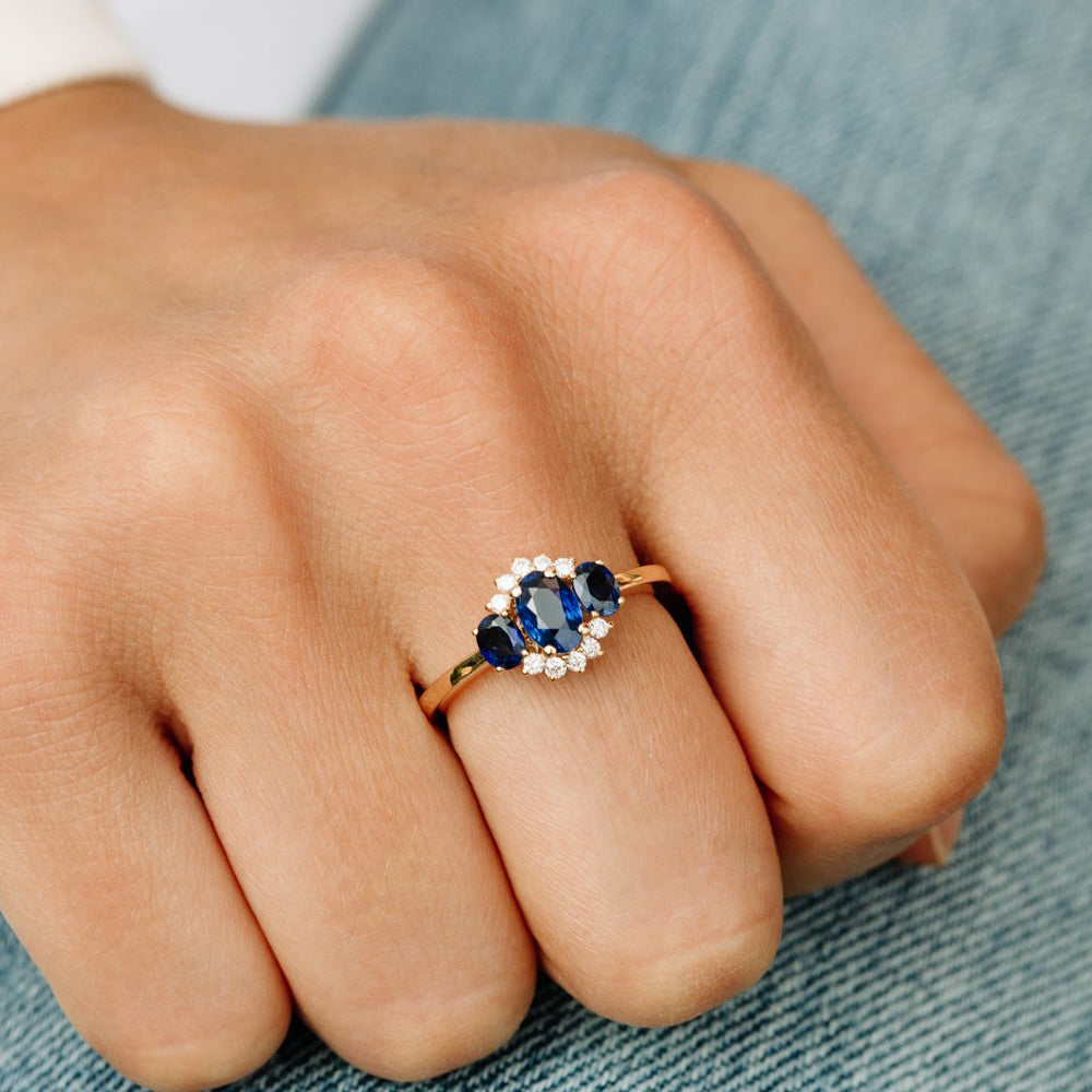 14k Three Stone Sapphire Cluster Ring