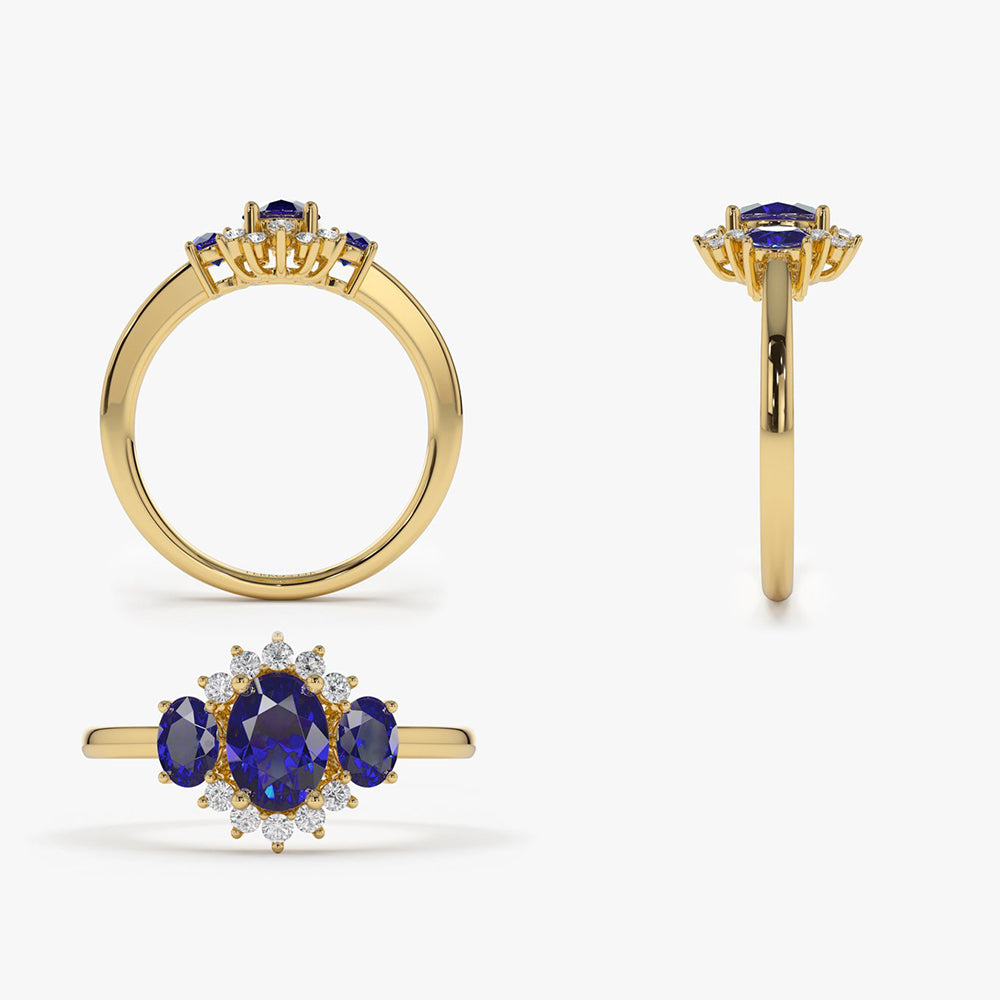 14k Three Stone Sapphire Cluster Ring