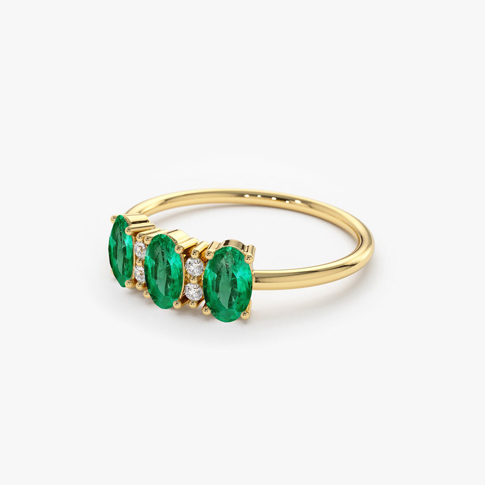 14k Triple Oval Emerald Diamond Ring