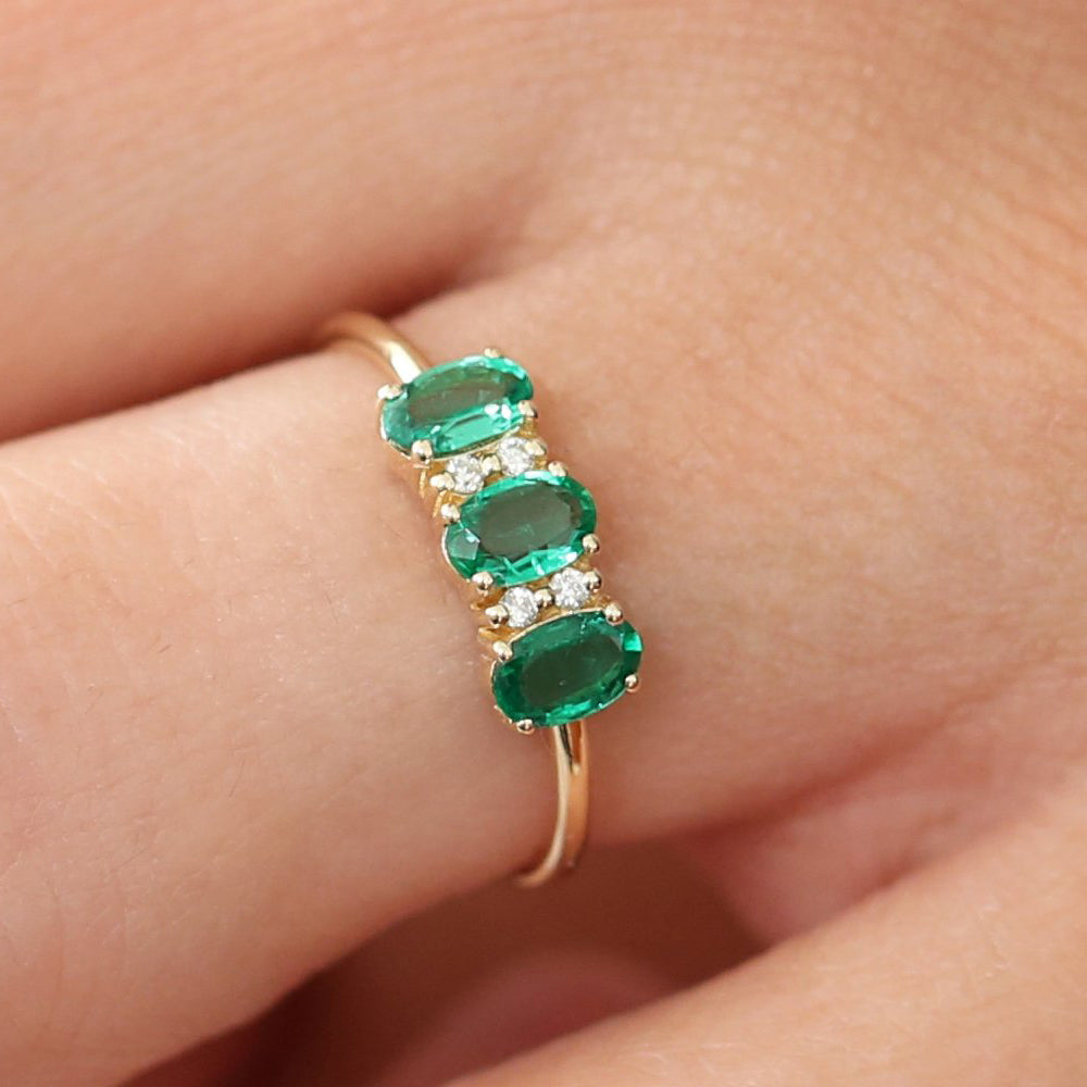 14k Triple Oval Emerald Diamond Ring