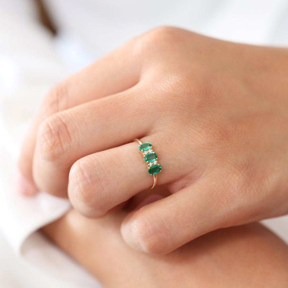 14k Triple Oval Emerald Diamond Ring