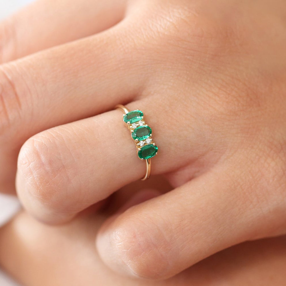 14k Triple Oval Emerald Diamond Ring