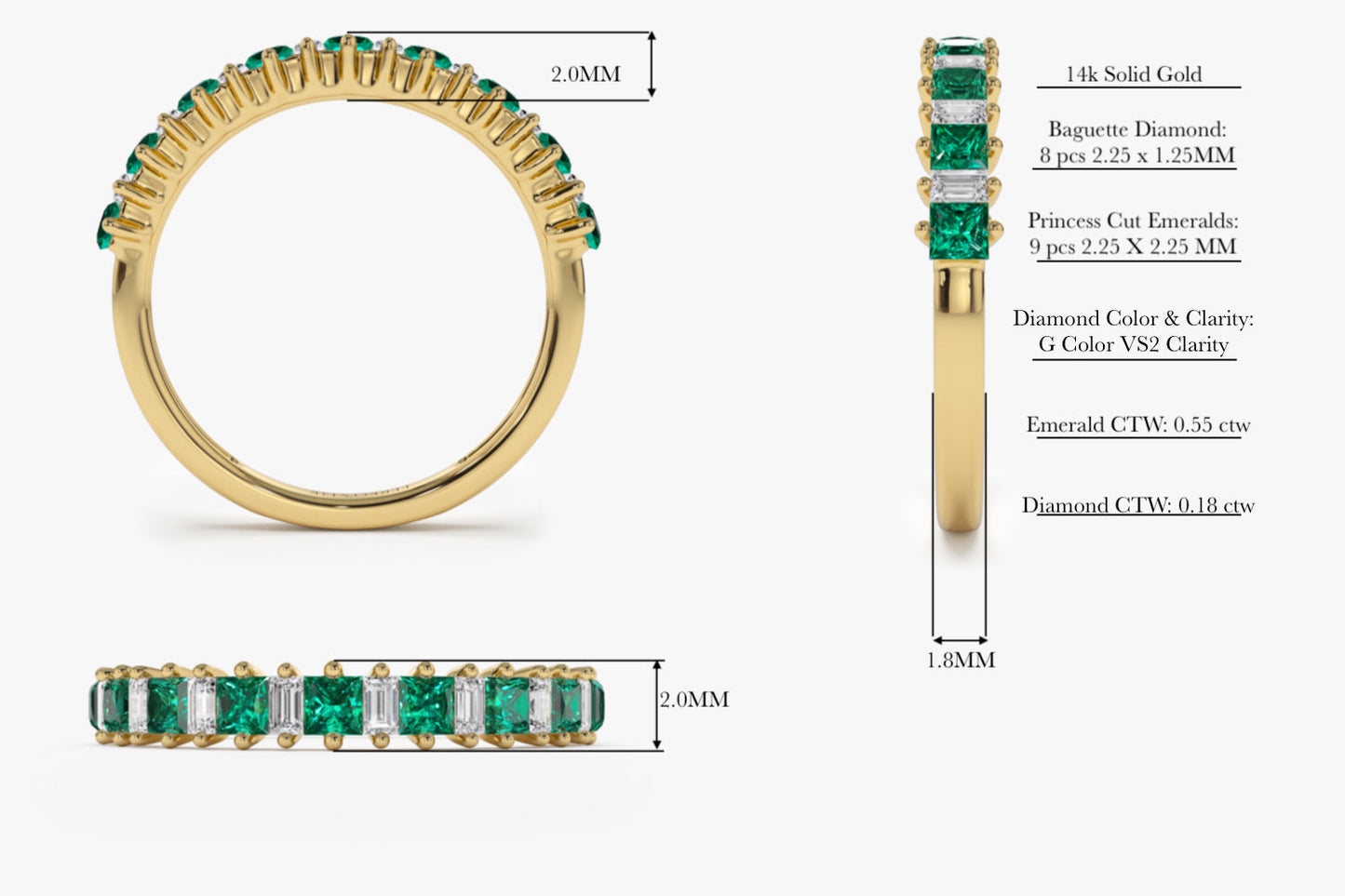 14k Unique Princess Cut Emerald and Baguette Diamond Ring