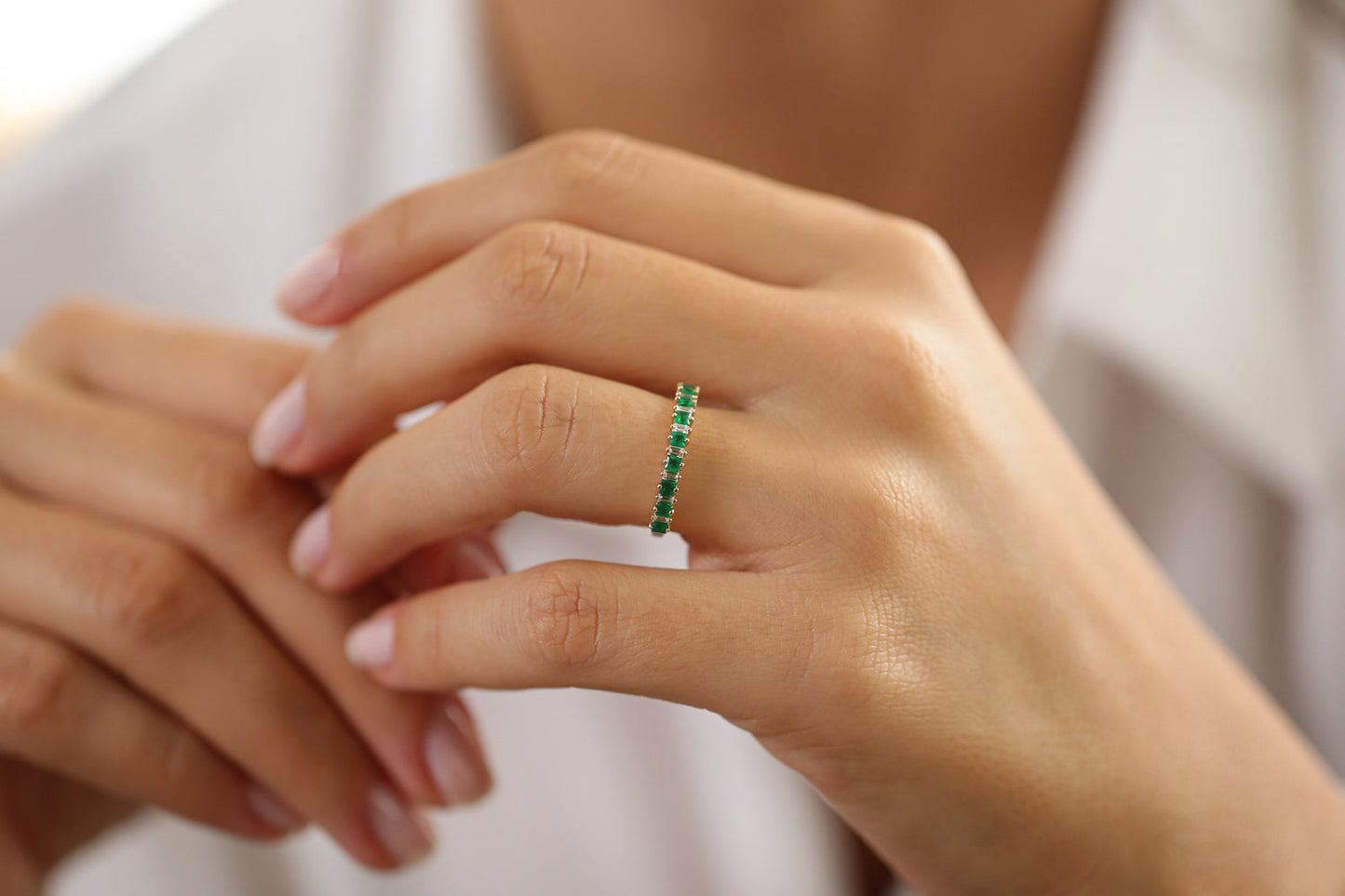 14k Unique Princess Cut Emerald and Baguette Diamond Ring