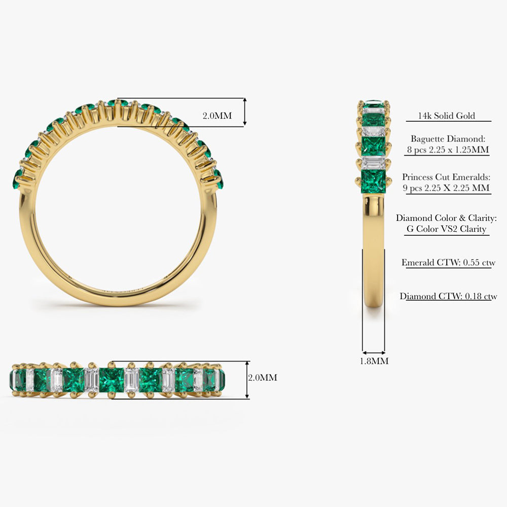 14k Unique Princess Cut Emerald and Baguette Diamond Ring
