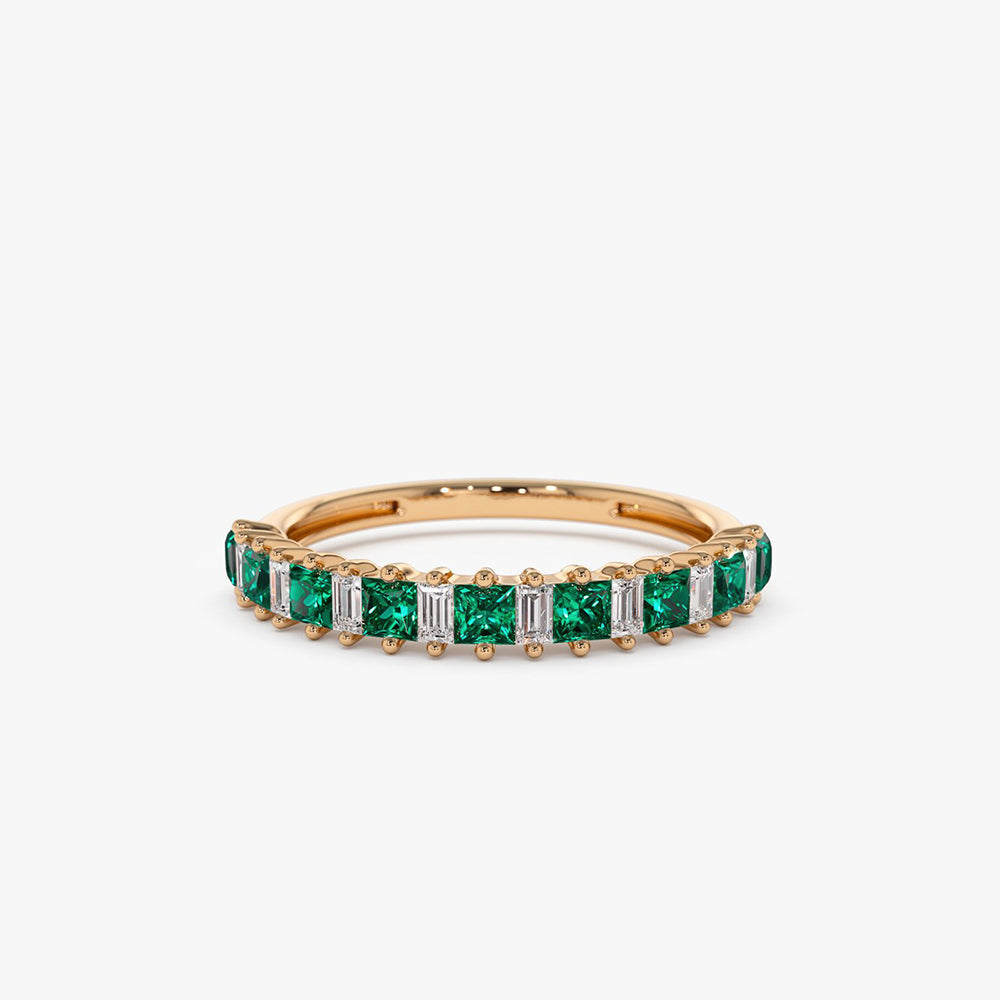 14k Unique Princess Cut Emerald and Baguette Diamond Ring - Geum Jewels