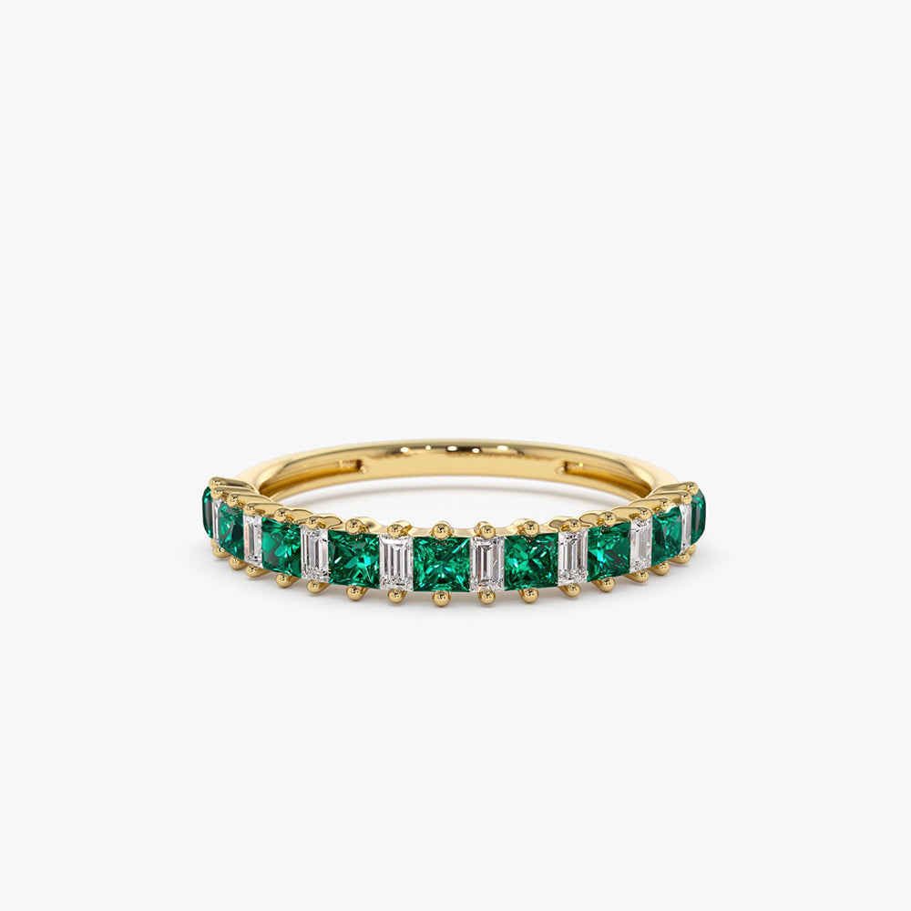 14k Unique Princess Cut Emerald and Baguette Diamond Ring - Geum Jewels