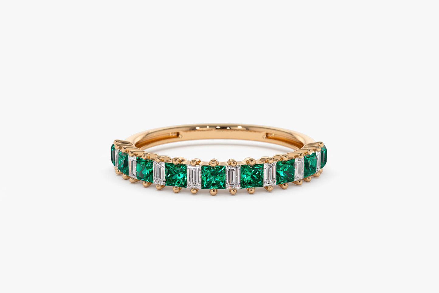 14k Unique Princess Cut Emerald and Baguette Diamond Ring - Geum Jewels