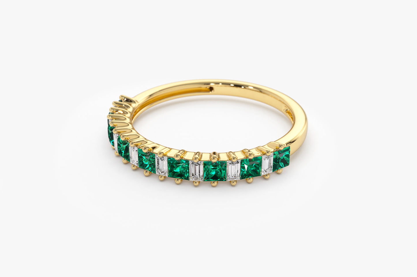 14k Unique Princess Cut Emerald and Baguette Diamond Ring - Geum Jewels