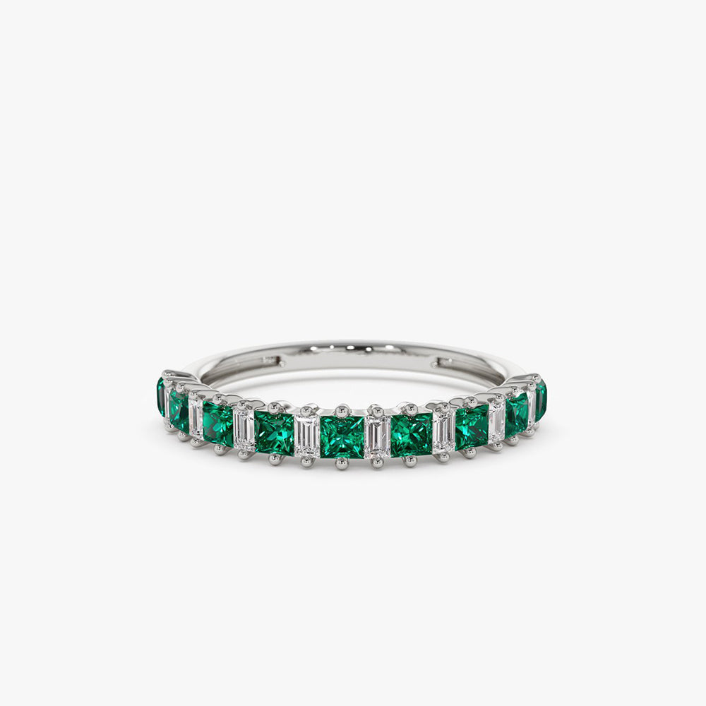 14k Unique Princess Cut Emerald and Baguette Diamond Ring - Geum Jewels