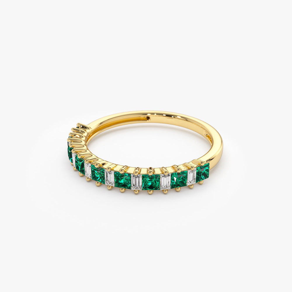 14k Unique Princess Cut Emerald and Baguette Diamond Ring - Geum Jewels