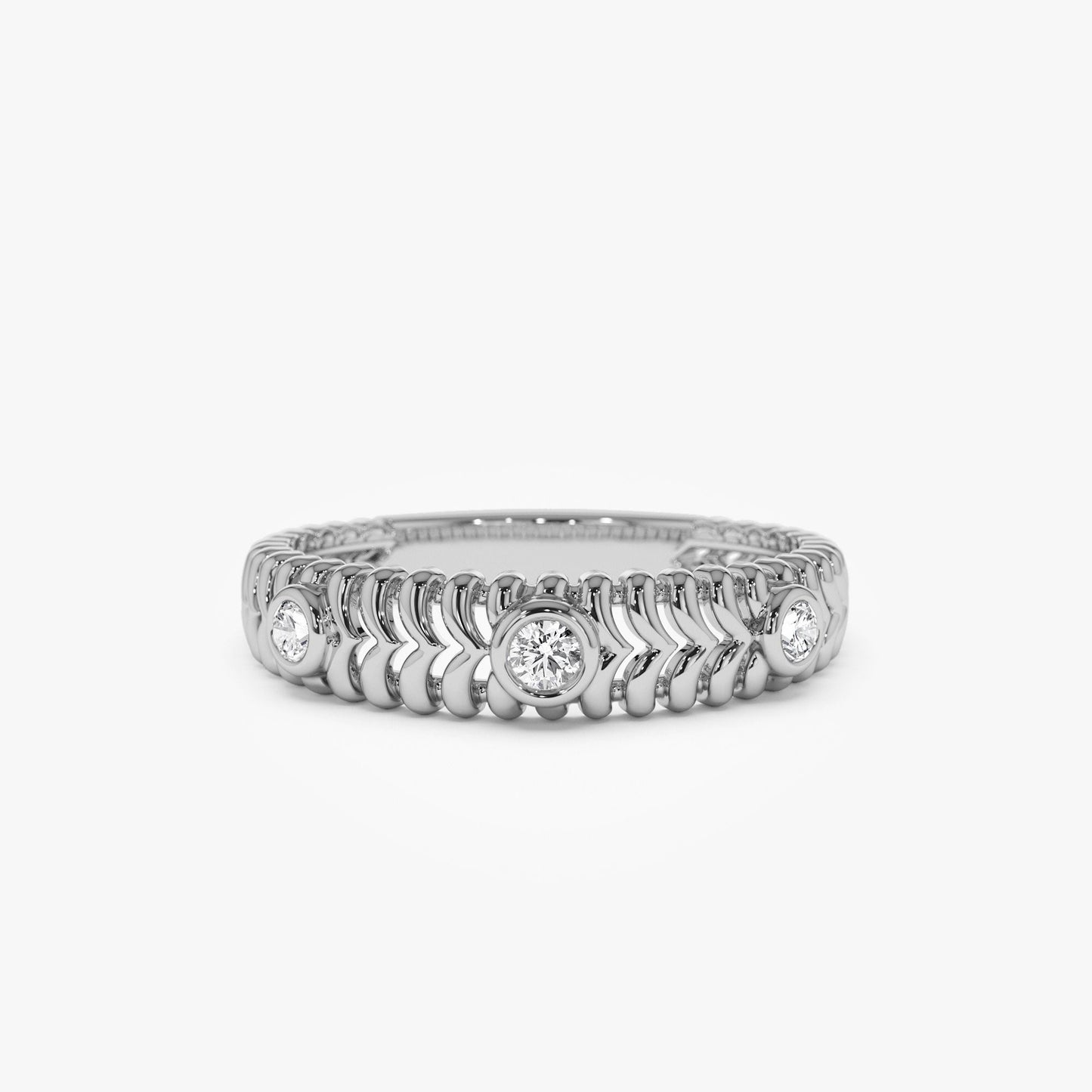 14k Unique Ribbed Three Stone Diamond Ring - Geum Jewels