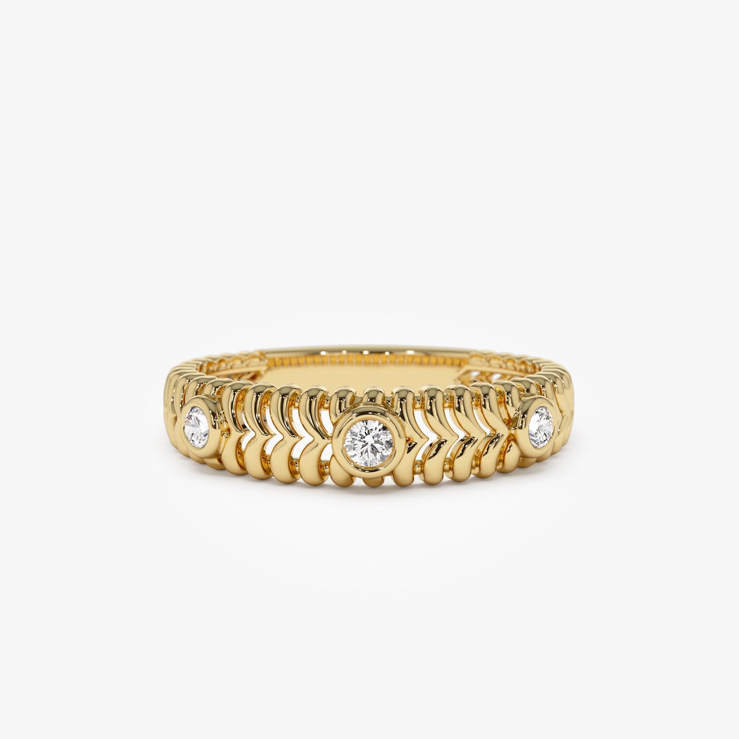 14k Unique Ribbed Three Stone Diamond Ring - Geum Jewels