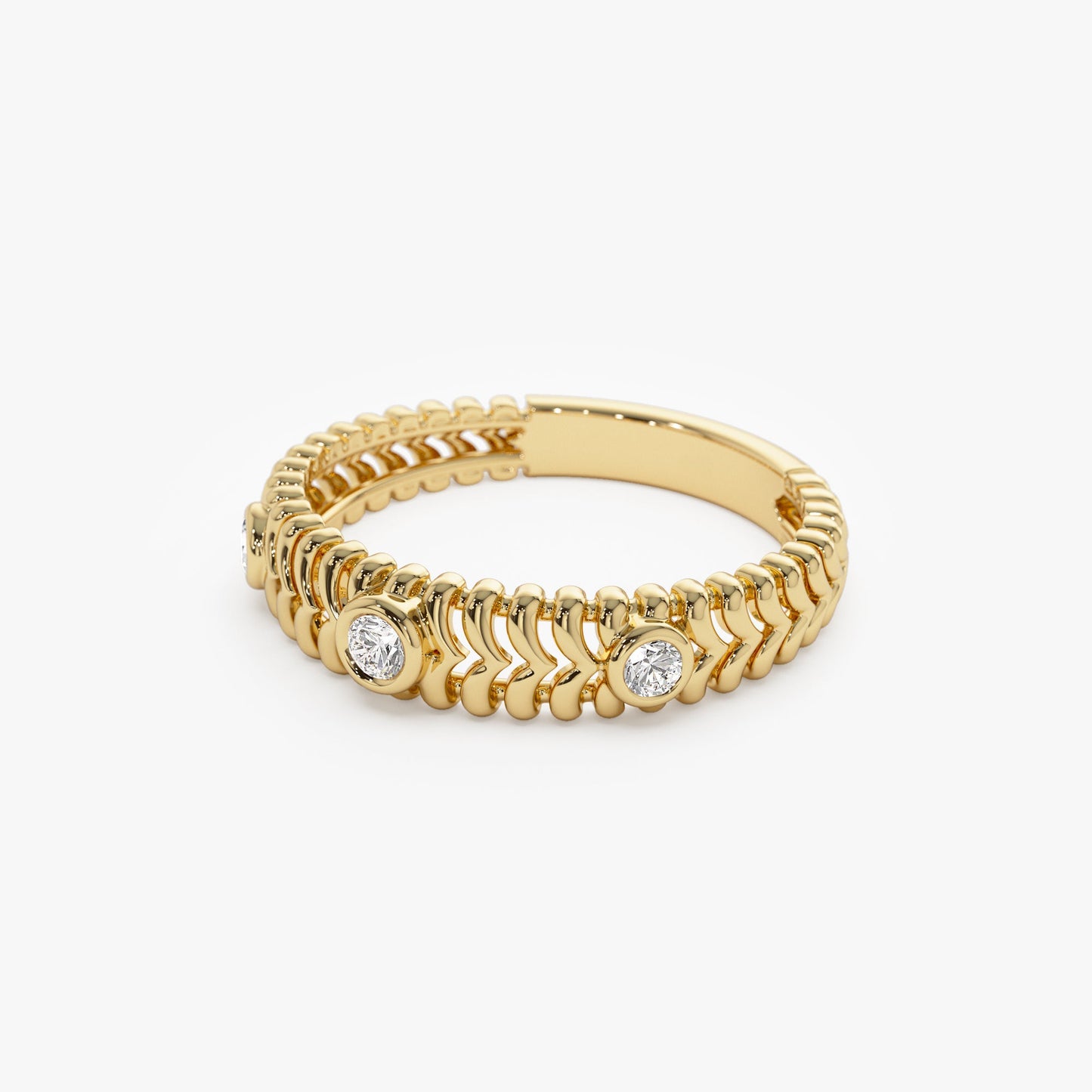 14k Unique Ribbed Three Stone Diamond Ring - Geum Jewels