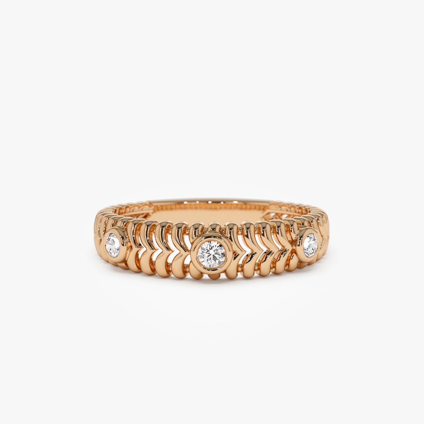14k Unique Ribbed Three Stone Diamond Ring - Geum Jewels