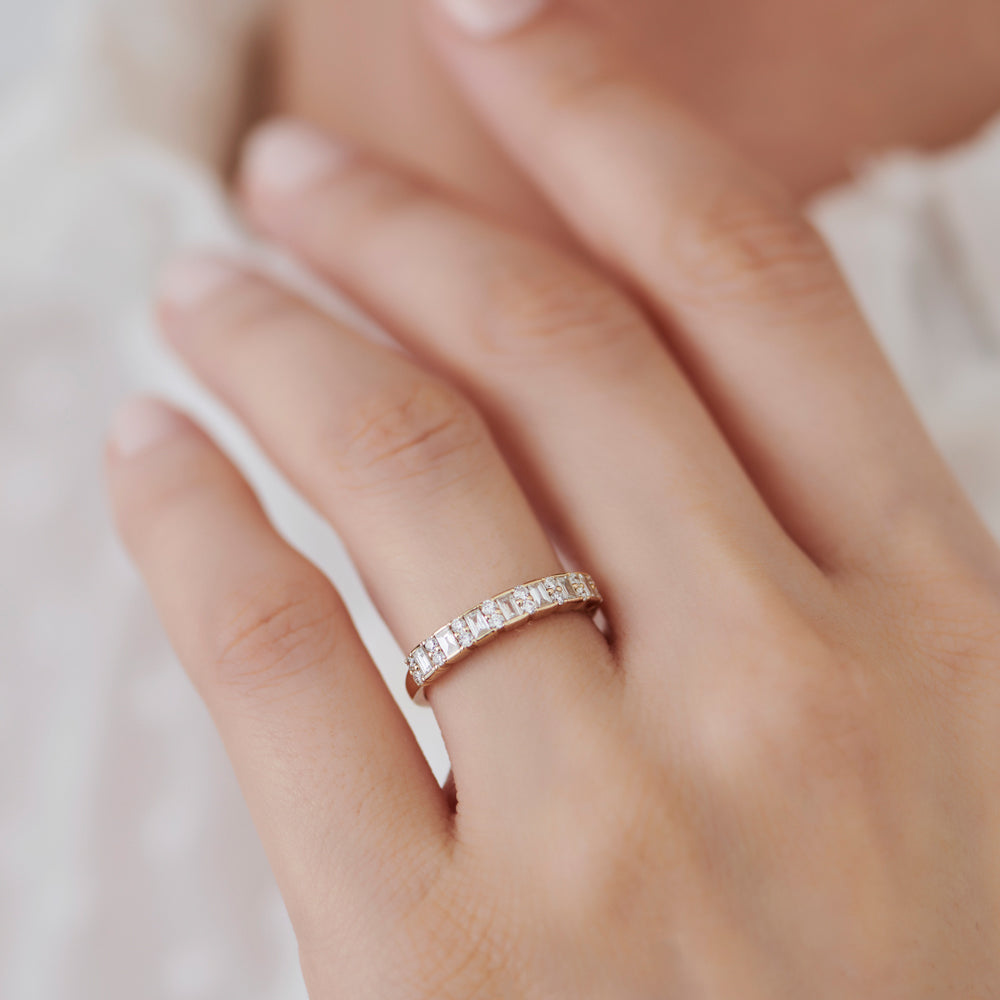 14k Vertical Baguette and Round Diamond Wedding Band
