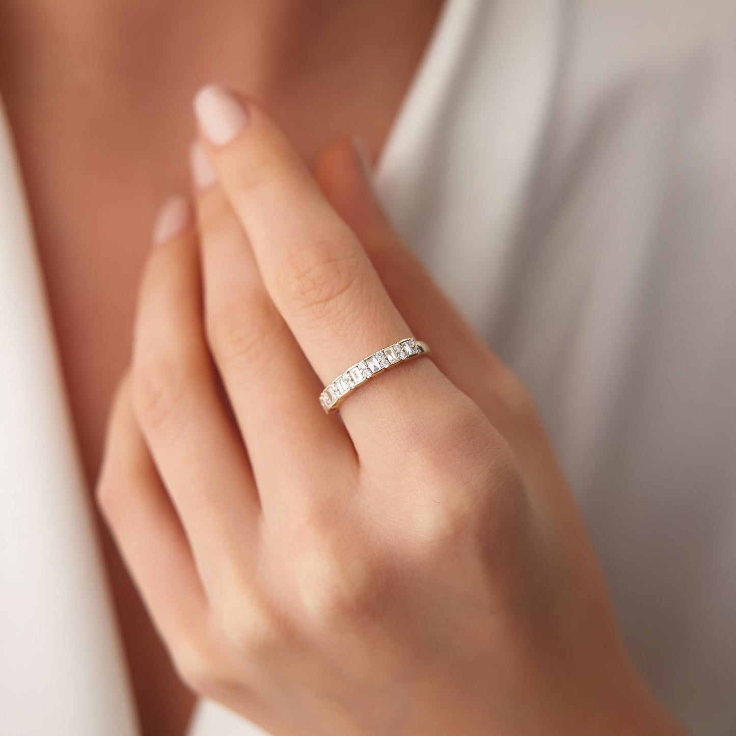 14k Vertical Baguette and Round Diamond Wedding Band