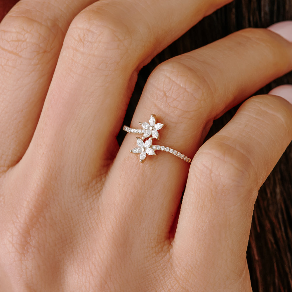 Marquise Diamond Flower Bypass Ring in 14k