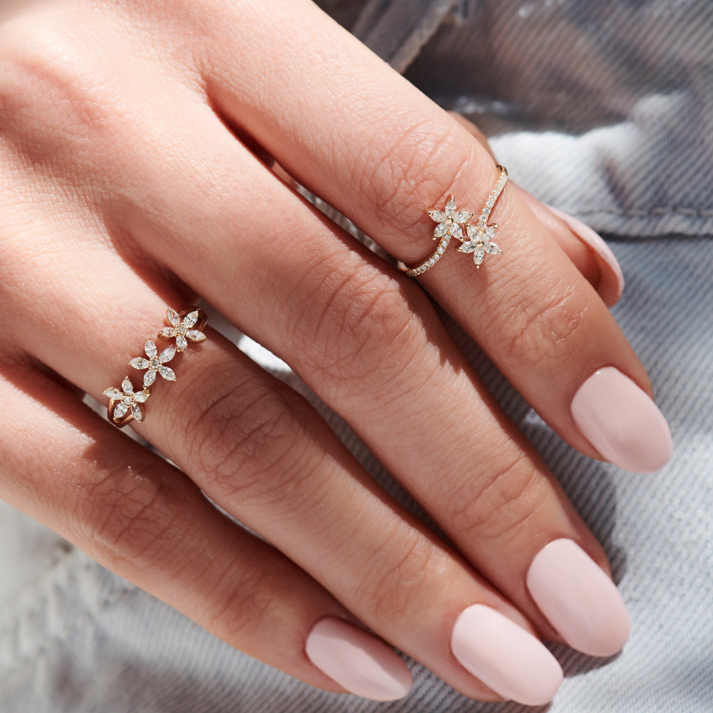 Marquise Diamond Flower Bypass Ring in 14k