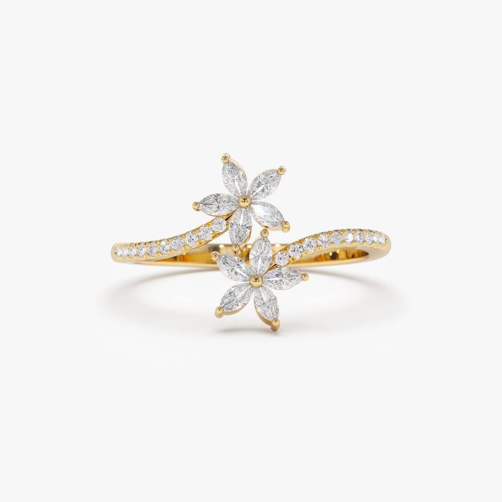 Marquise Diamond Flower Bypass Ring in 14k - Geum Jewels