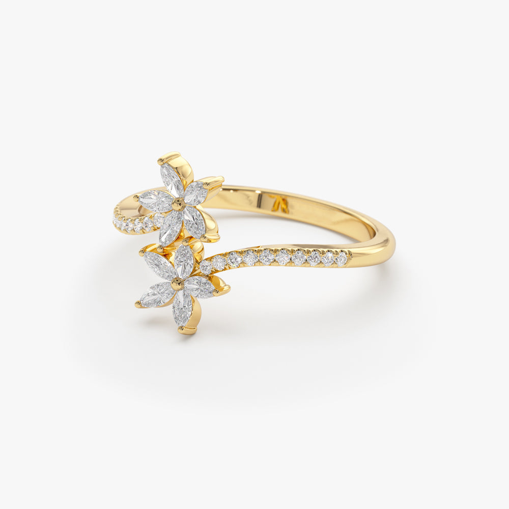 Marquise Diamond Flower Bypass Ring in 14k - Geum Jewels