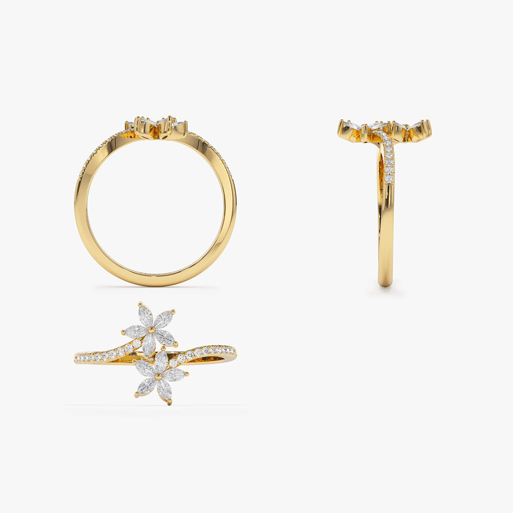 Marquise Diamond Flower Bypass Ring in 14k - Geum Jewels