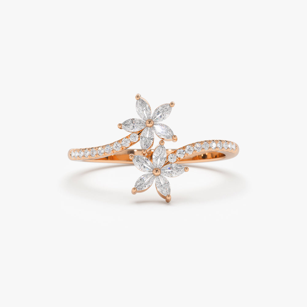 Marquise Diamond Flower Bypass Ring in 14k - Geum Jewels