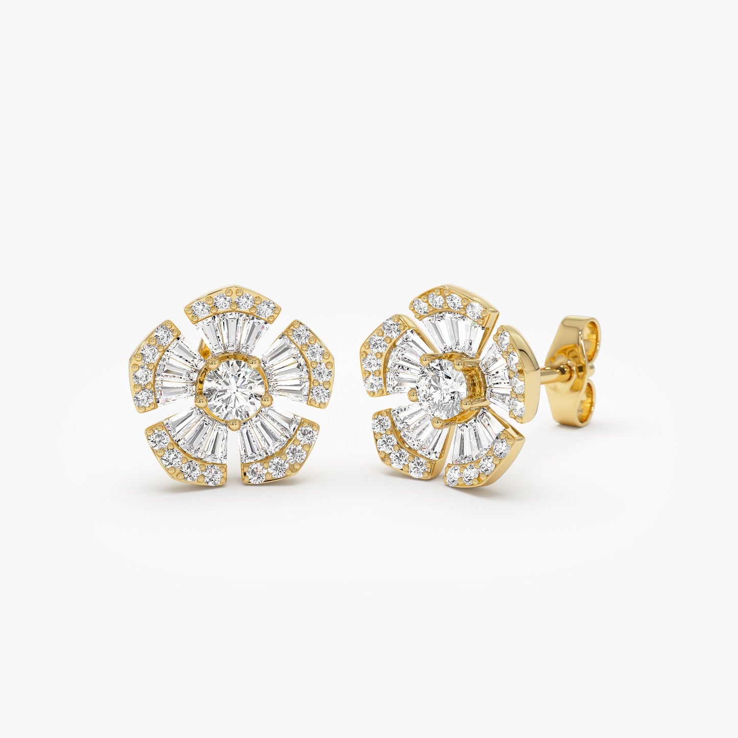 14k Baguette & Round Diamond Unique Flower Earrings - Geum Jewels
