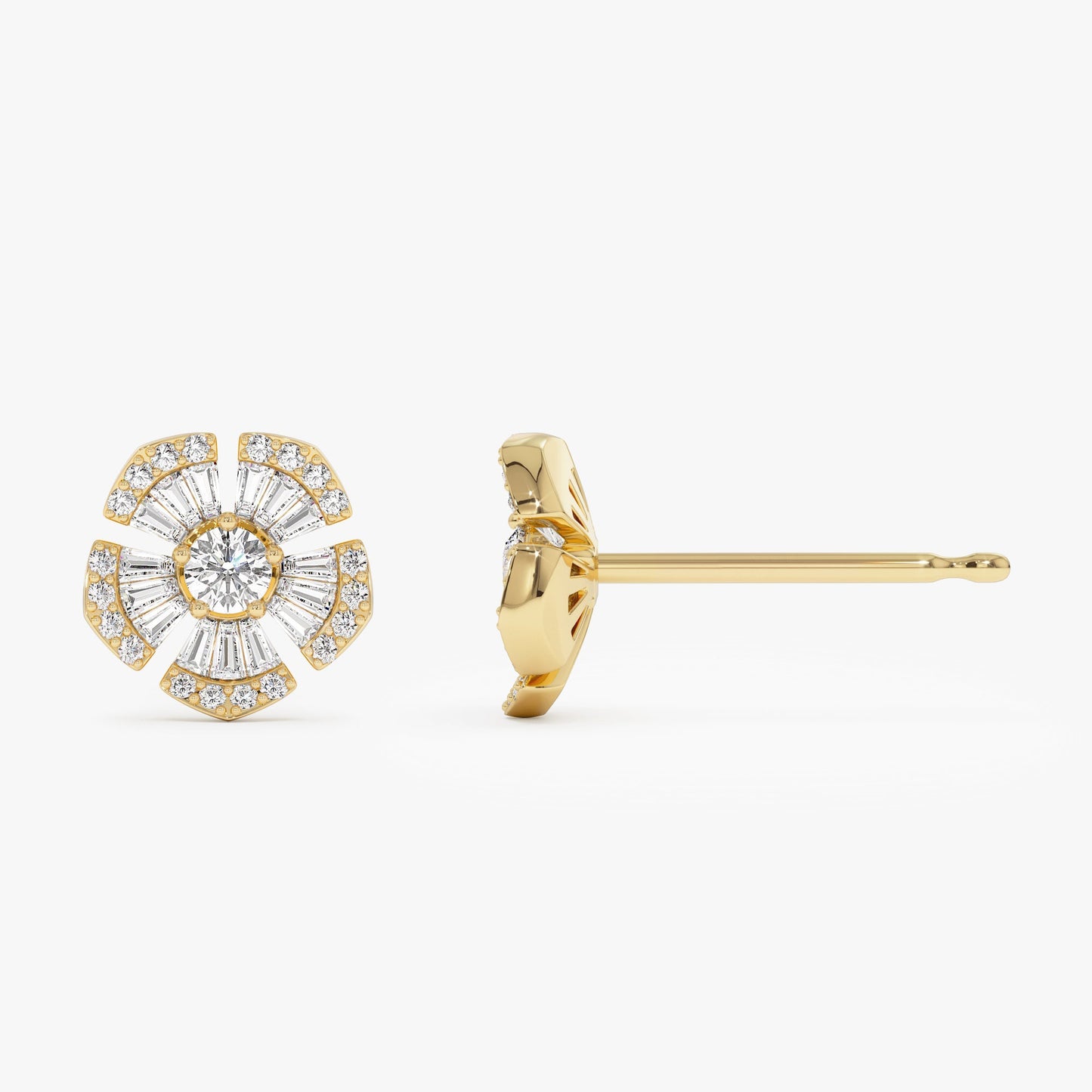 14k Baguette & Round Diamond Unique Flower Earrings - Geum Jewels