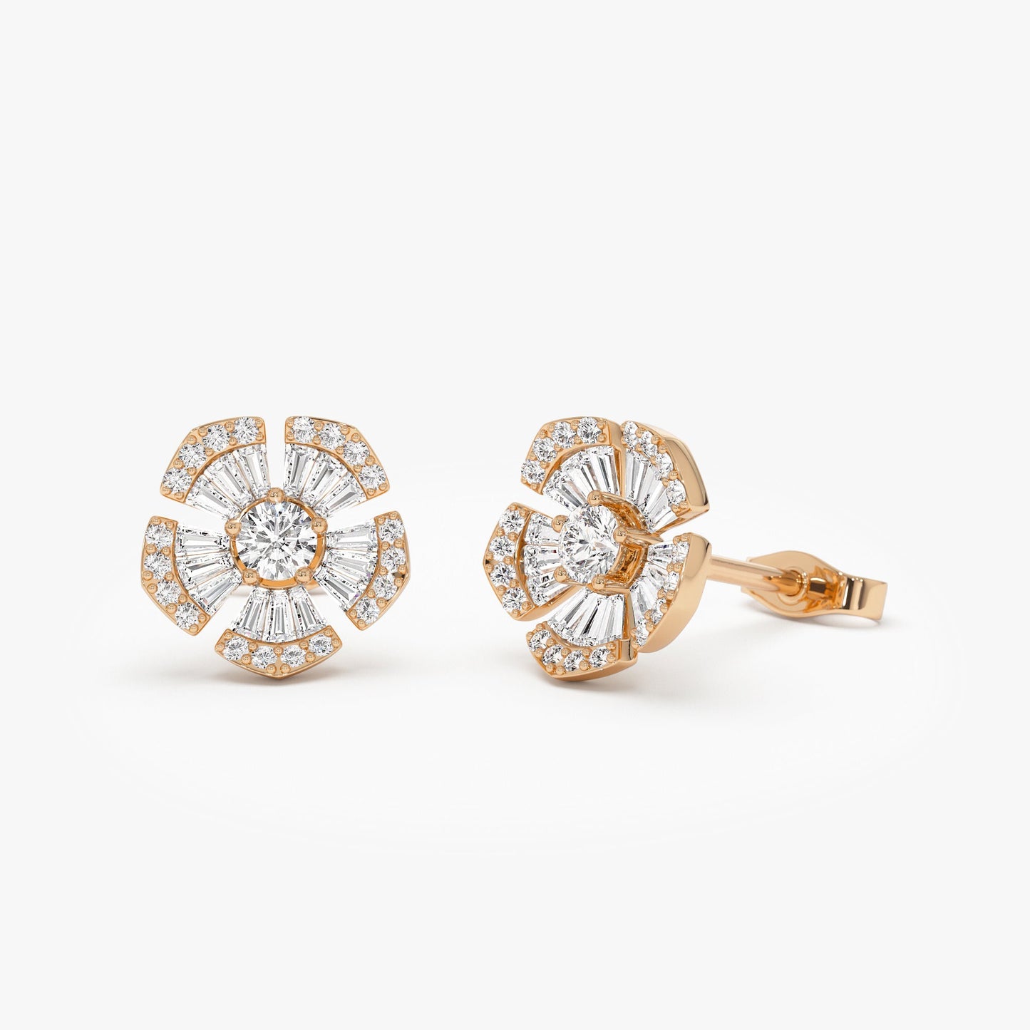 14k Baguette & Round Diamond Unique Flower Earrings - Geum Jewels