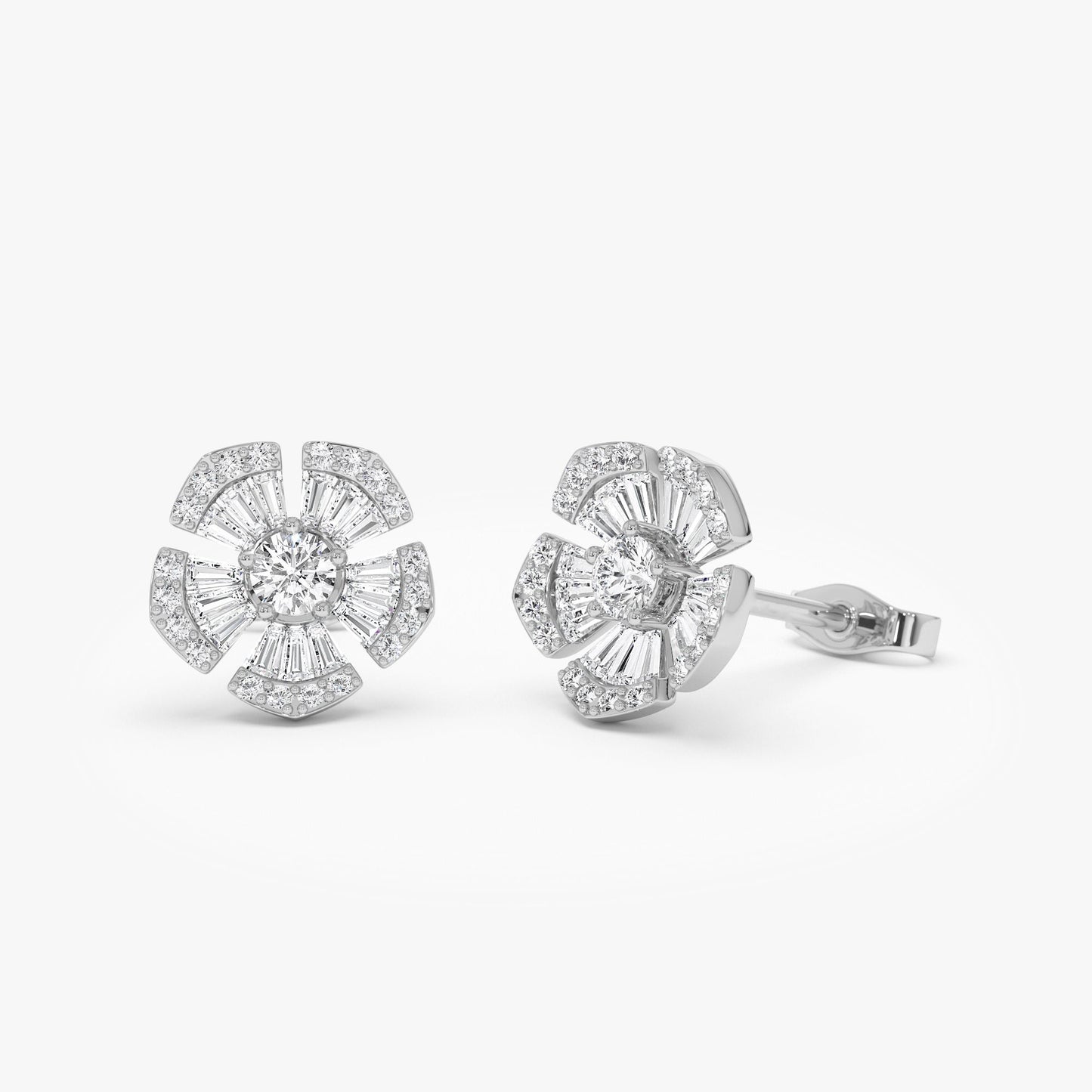 14k Baguette & Round Diamond Unique Flower Earrings - Geum Jewels