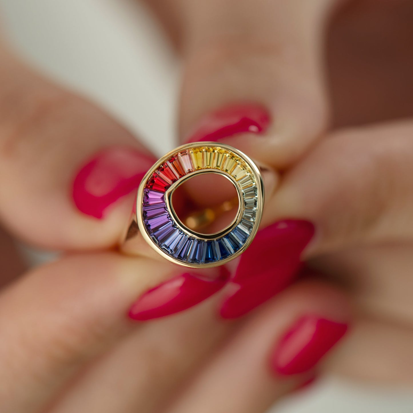 Rainbow Multi Color Sapphire Baguette Sphere Ring - Geum Jewels