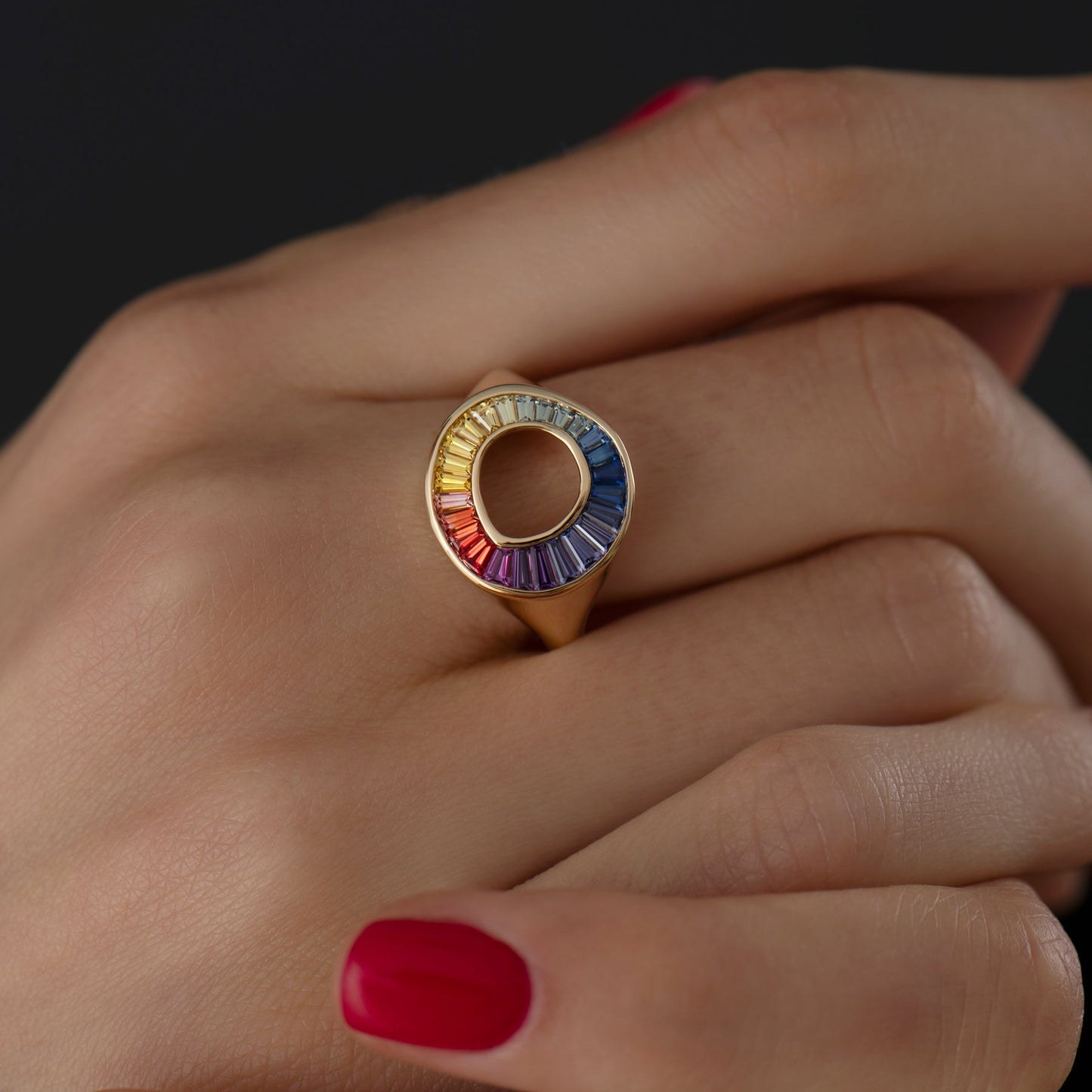 Rainbow Multi Color Sapphire Baguette Sphere Ring - Geum Jewels