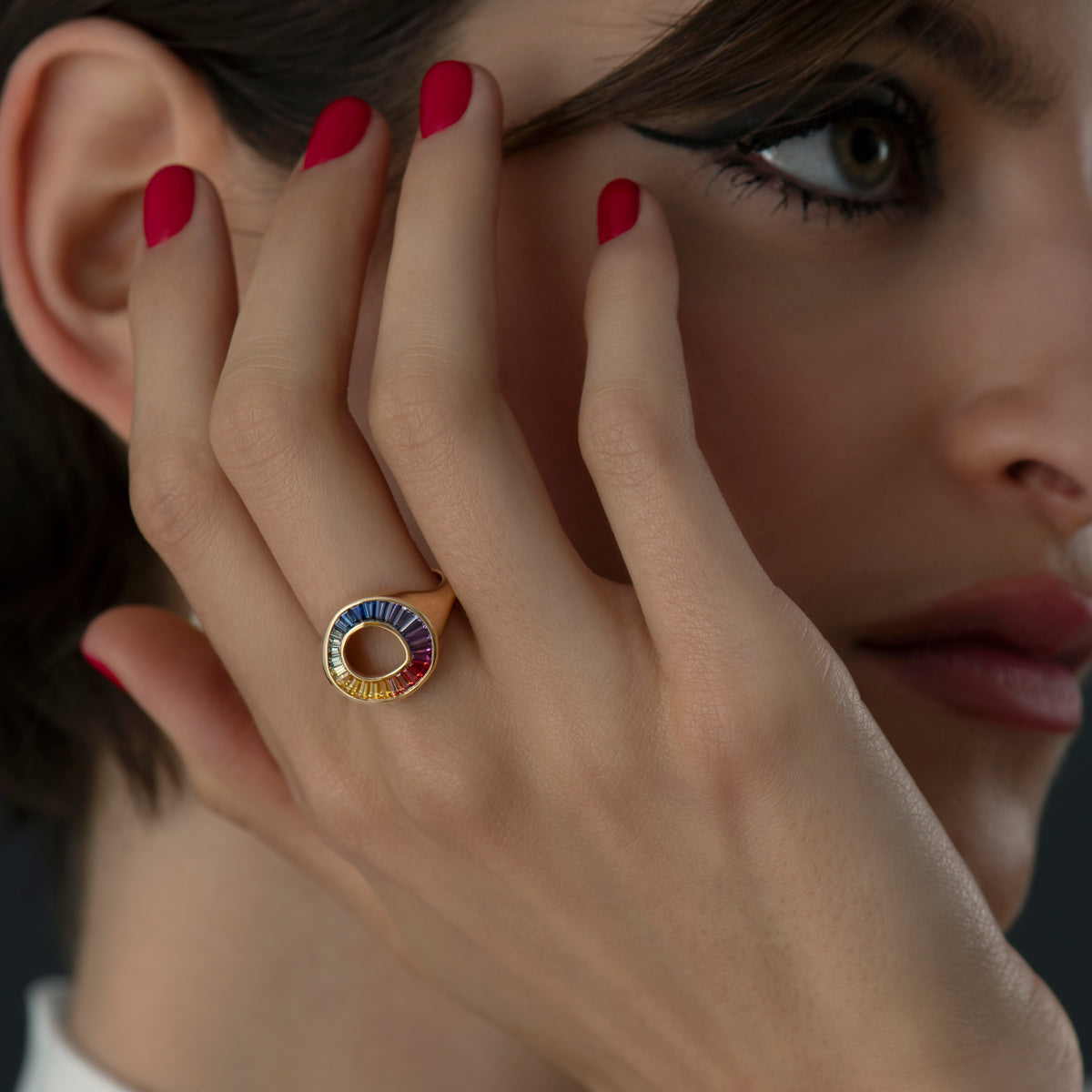 Rainbow Multi Color Sapphire Baguette Sphere Ring - Geum Jewels
