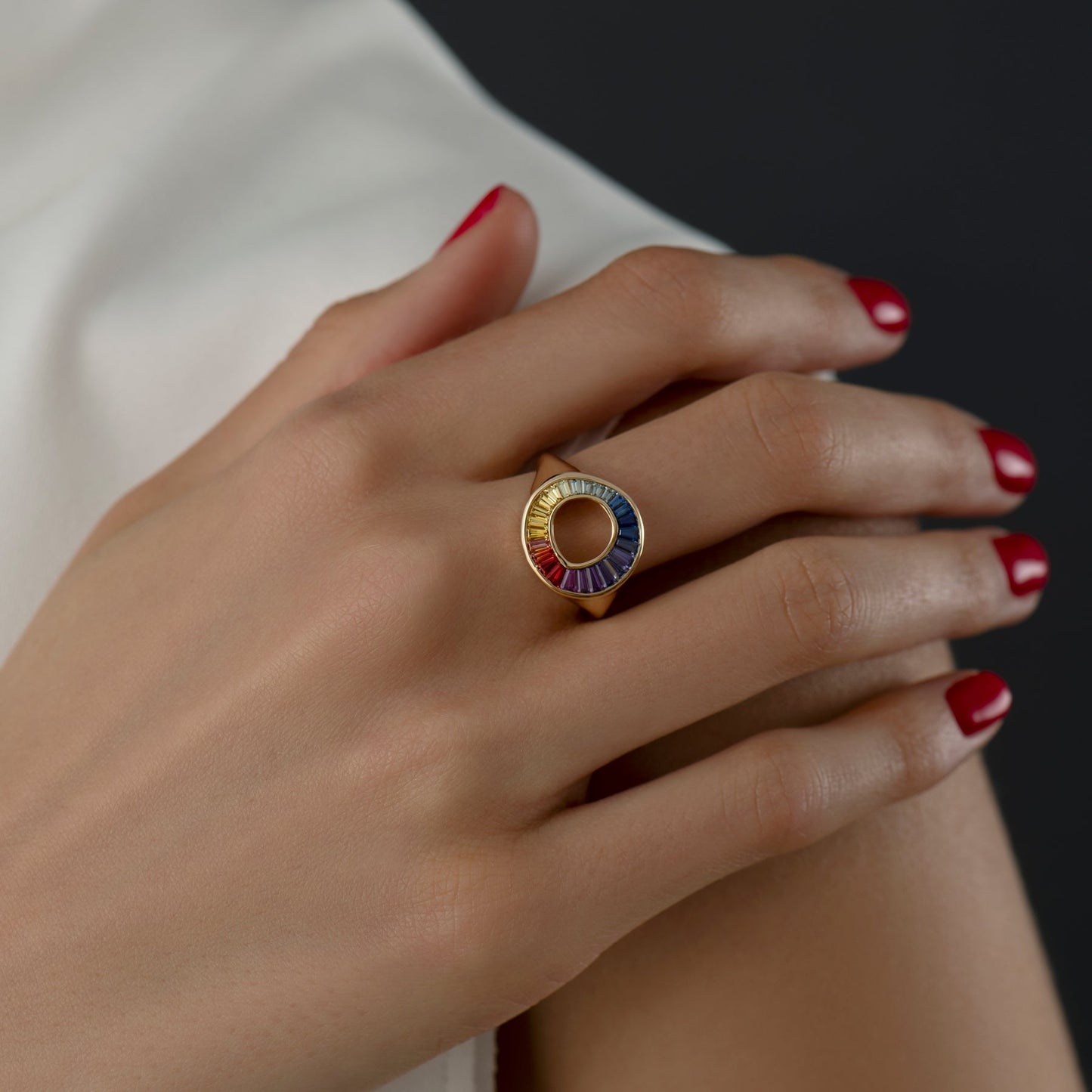 Rainbow Multi Color Sapphire Baguette Sphere Ring - Geum Jewels
