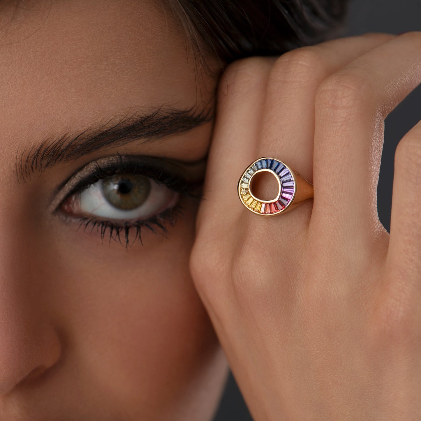 Rainbow Multi Color Sapphire Baguette Sphere Ring - Geum Jewels