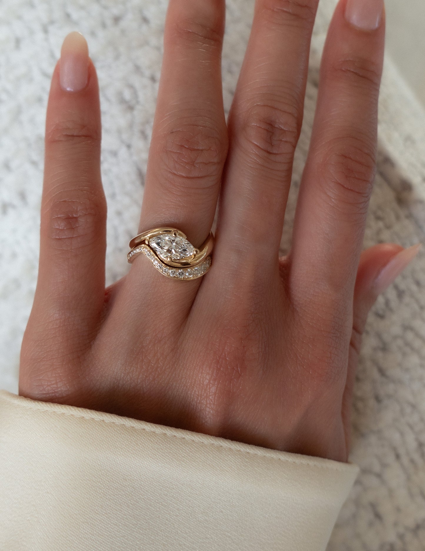 Cadette Marquise Rapture engagement ring set with band. Marquise Ocean Inspired Engagement solitaire Ring with band. Marquise Nature Inspired Engagement solitaire Ring with band.