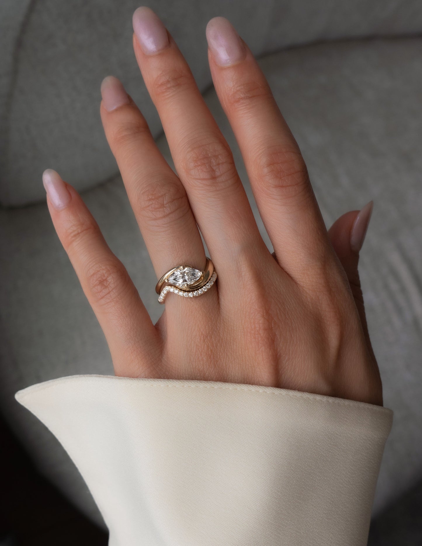 Cadette Marquise Rapture engagement ring set with band. Marquise Ocean Inspired Engagement solitaire Ring with band. Marquise Nature Inspired Engagement solitaire Ring with band.